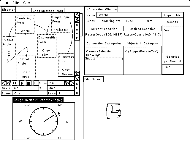 [Oops, I lost the image you see in the printed copy of the
thesis.  Instead, here's an earlier version (no nice icons for the wiring
diagram objects - just word labels).  Also, the history is attached to the
output of the rendering engine (recording a sequence of bitmaps) rather than
being before the rendering engine and recording rotation angles]